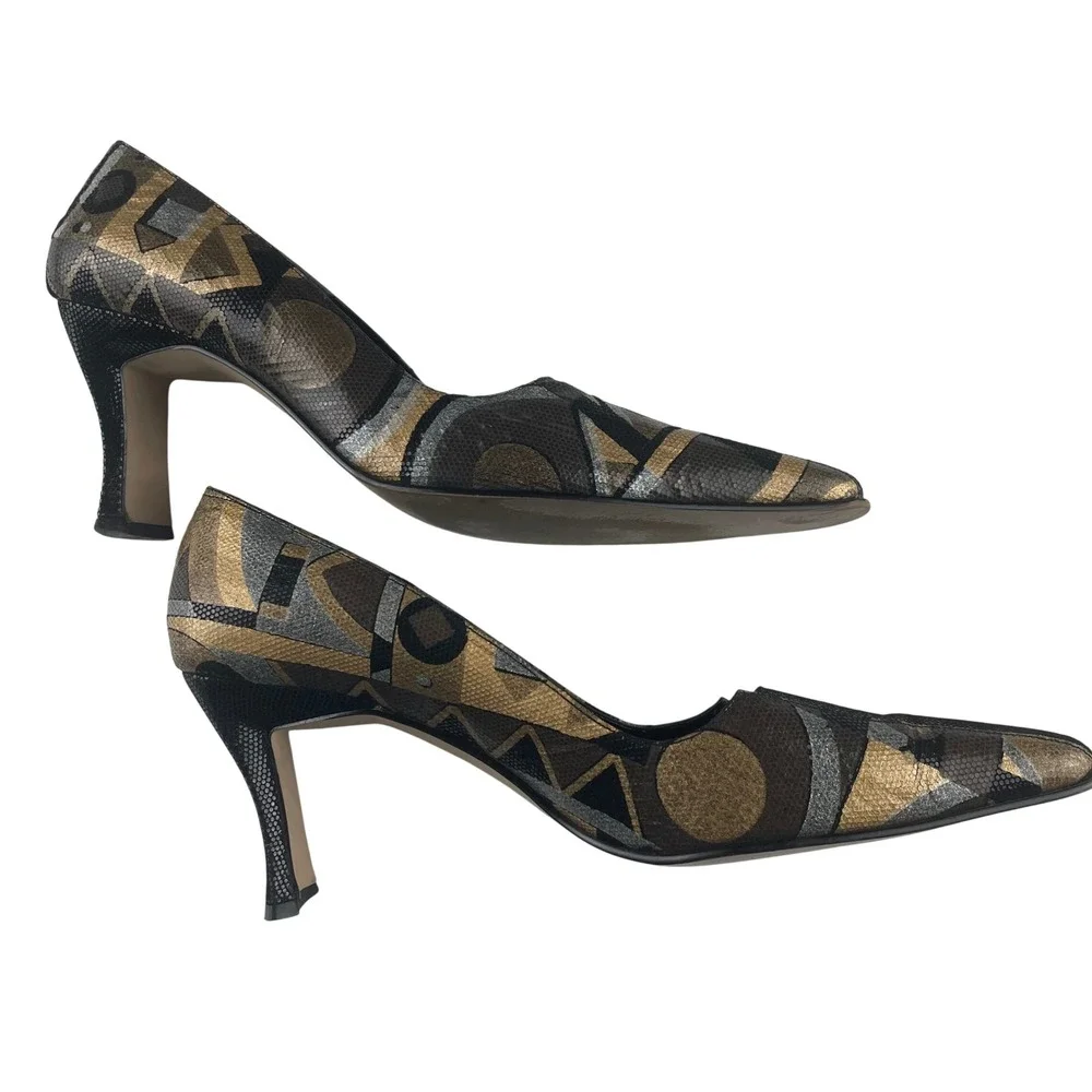J Renee Womens Geometric Print Heels Size 10M Black Gold Silver Block Heel Pumps
